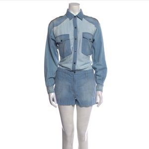Isabel Marant Etoile Long Sleeve Romper Denim Two-Tone Plaid Patchwork Detail 6